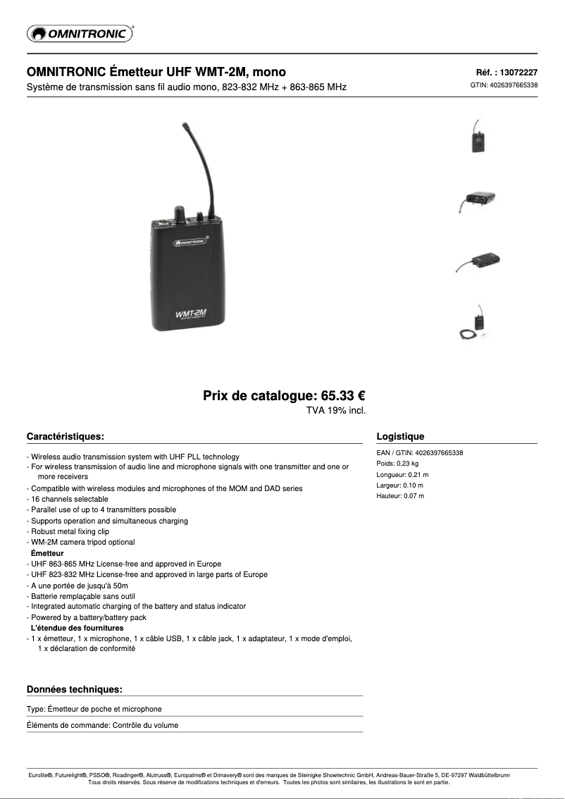 Page 1 de la notice Fiche technique Omnitronic WMT-2M