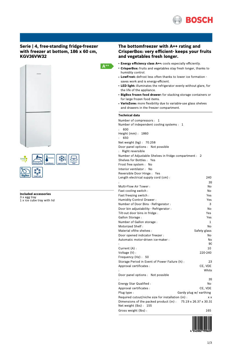 Page n°1 - Fiche technique Bosch KGV36VW32