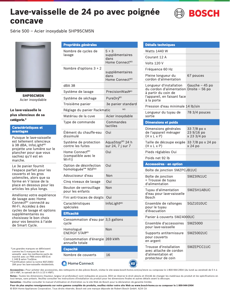 Page 1 de la notice Fiche technique Bosch SHP95CM5N
