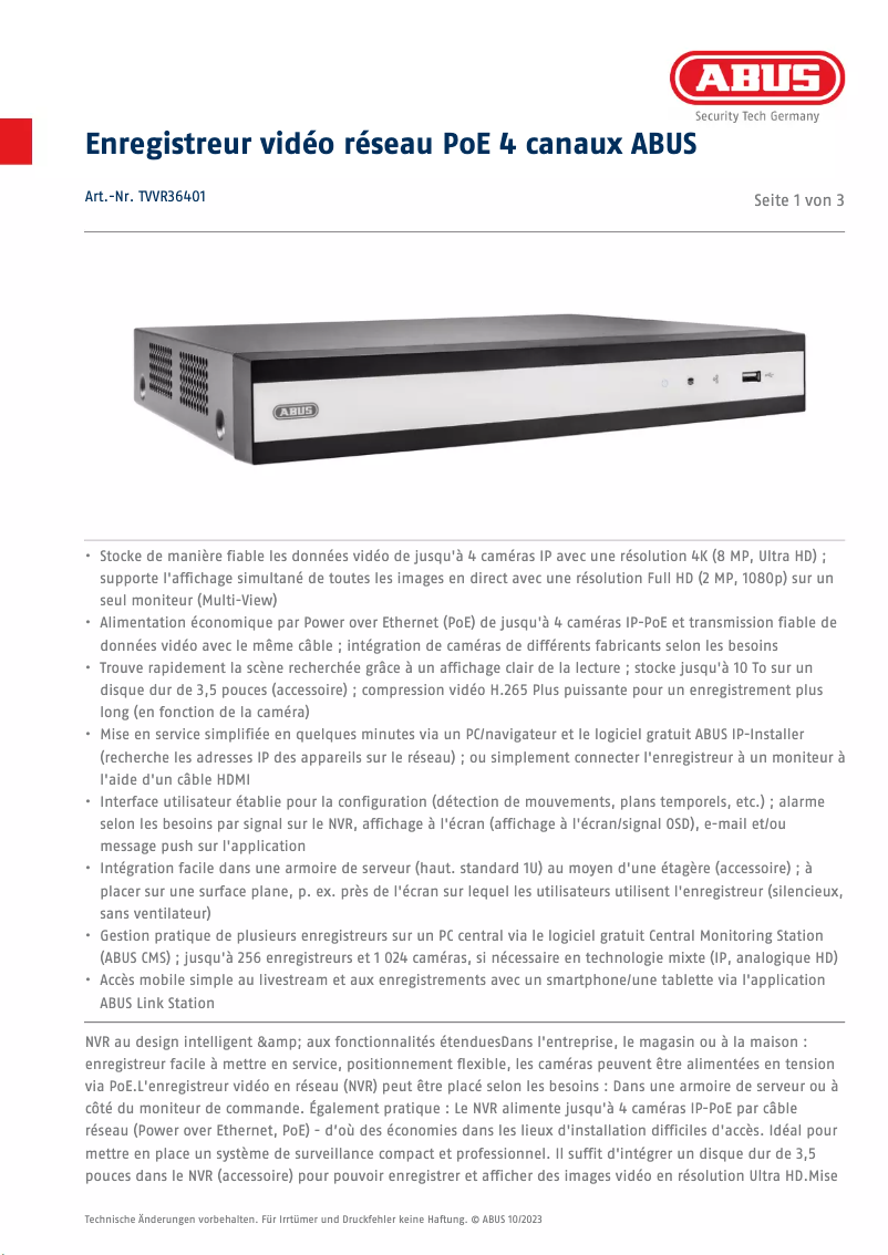 Page n°1 - Fiche technique Abus TVVR36401