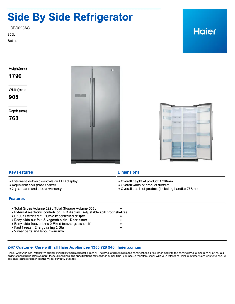 Page 1 de la notice Fiche technique Haier HSBS628AS