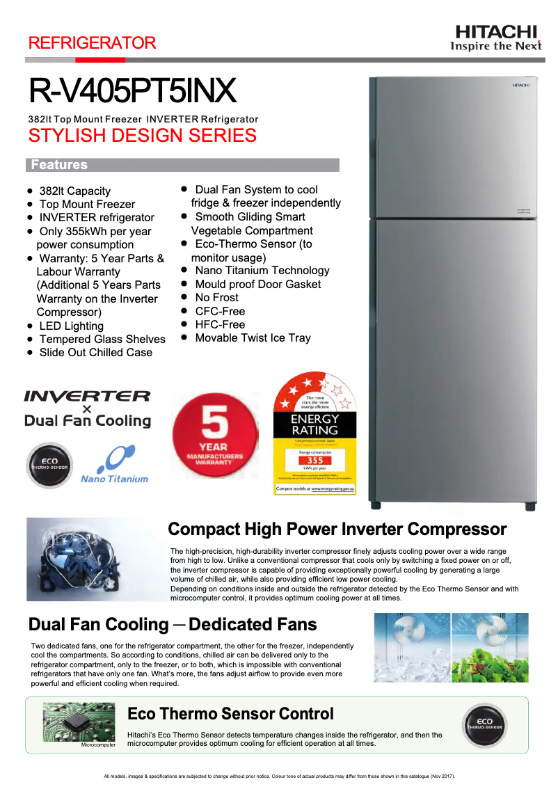 Page 1 de la notice Fiche technique Hitachi R-V405PT5INX