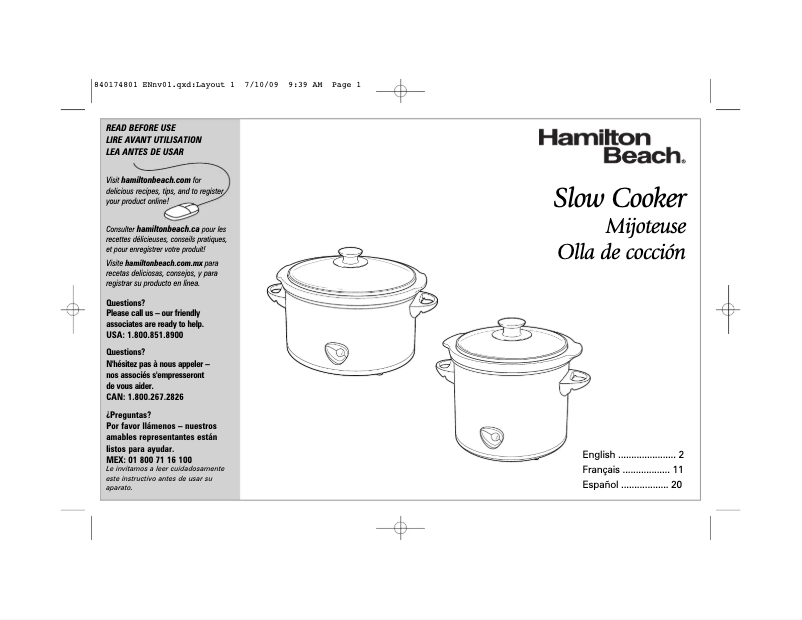 Page 1 de la notice Manuel utilisateur Hamilton Beach Meal Maker 33675