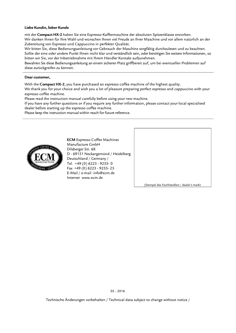 Page 1 de la notice Manuel utilisateur ECM Compact HX-2