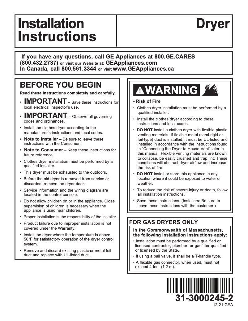 Page n°1 - Guide d'installation GE Profile PTD90GBPTRS