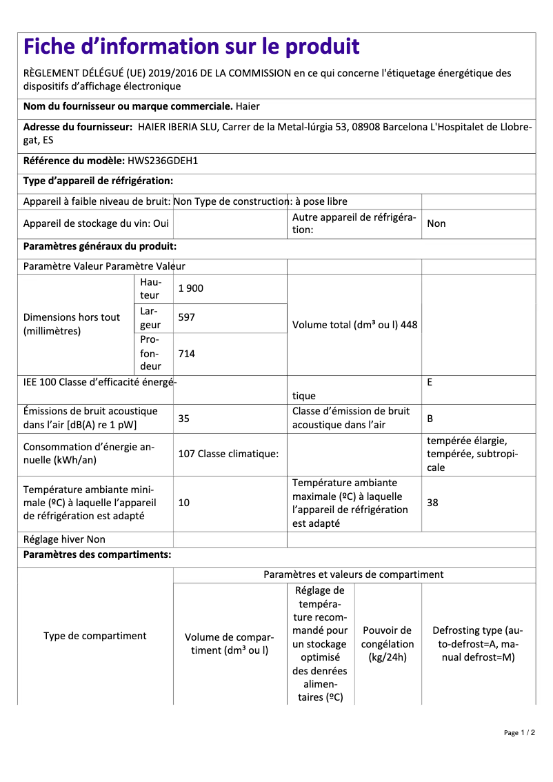 Page 1 de la notice Fiche technique Haier HWS236GDEH1