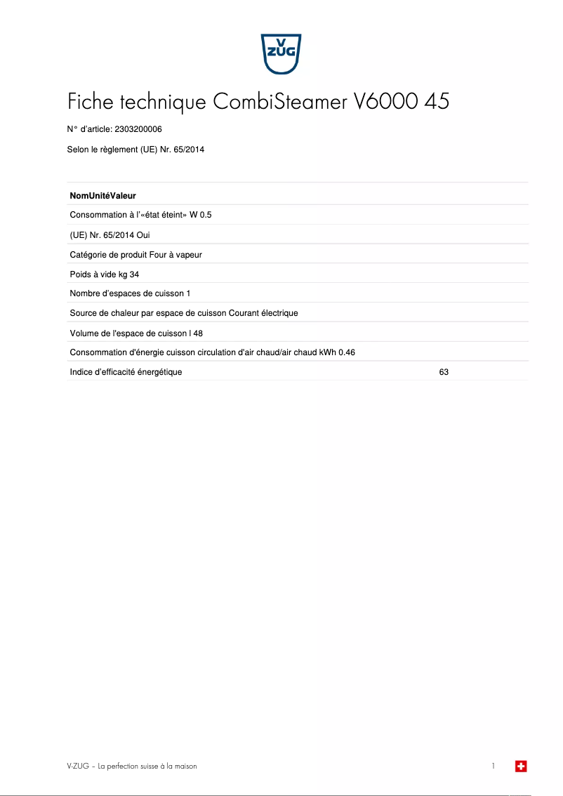 Page 1 de la notice Fiche technique V-Zug CombiSteamer V6000 45