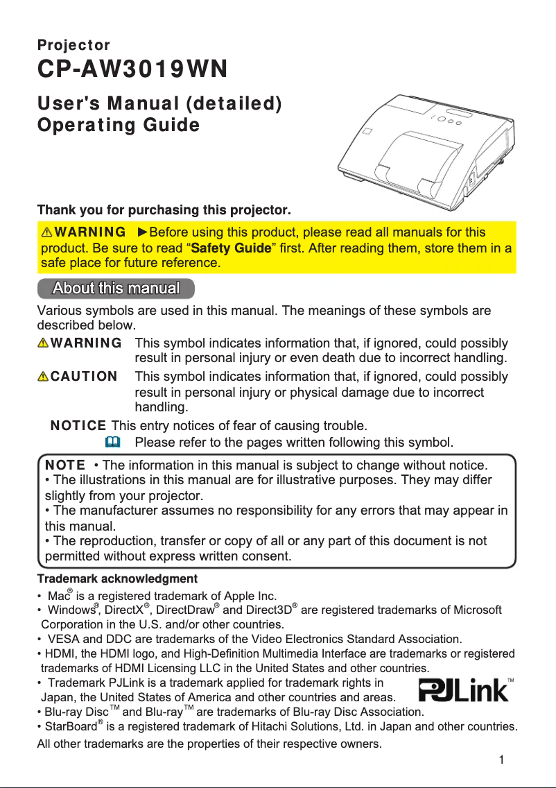 Page n°1 - Manuel utilisateur Hitachi CP-AW3019WN