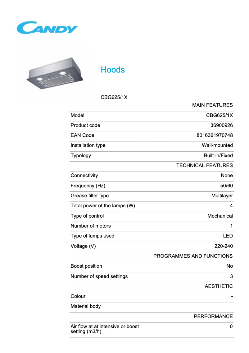 Page 1 de la notice Fiche technique Candy CBG625/1X
