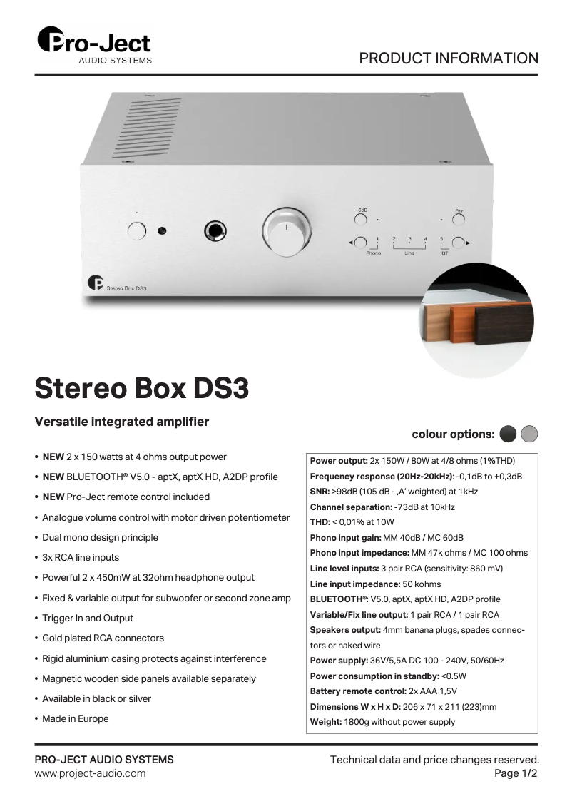 Page 1 de la notice Fiche technique Pro-Ject Stereo Box DS3