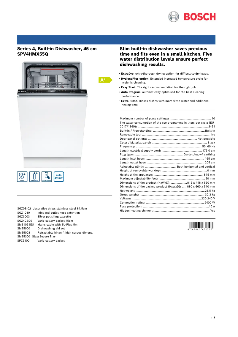 Page n°1 - Fiche technique Bosch SPV4HMX55Q