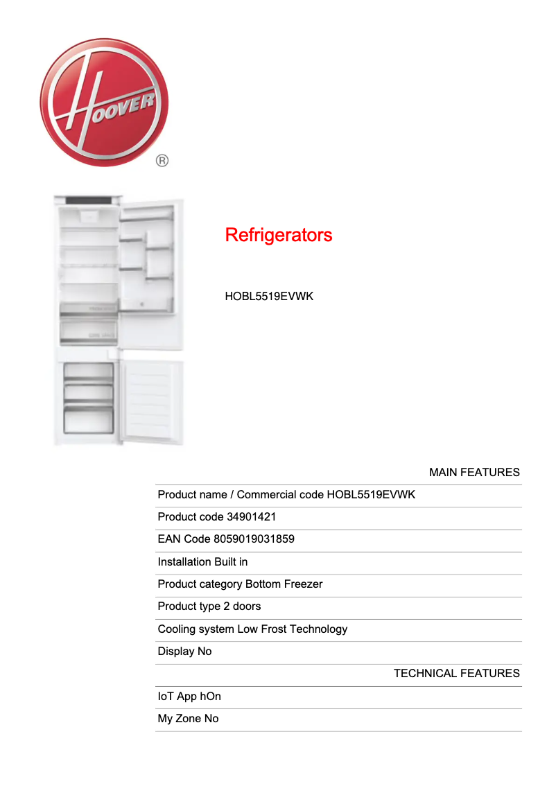 Page n°1 - Fiche technique Hoover HOBL5519EVWK