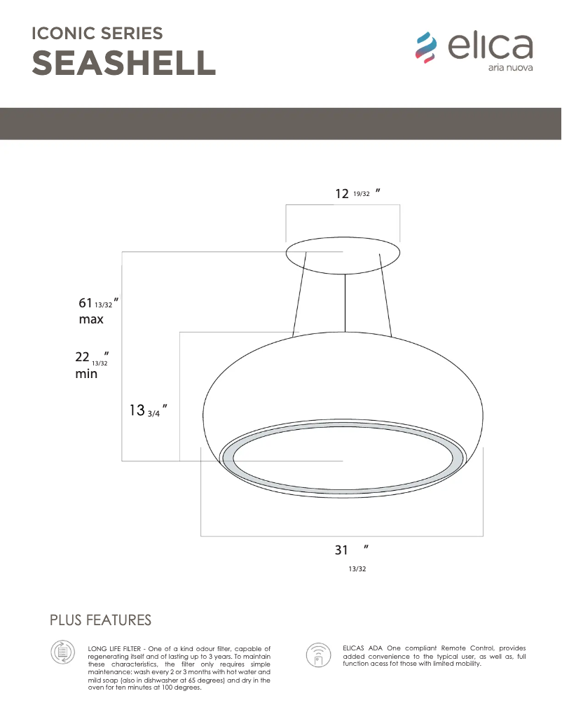 Page 1 de la notice Dessin technique Elica Seashell ESS432SS