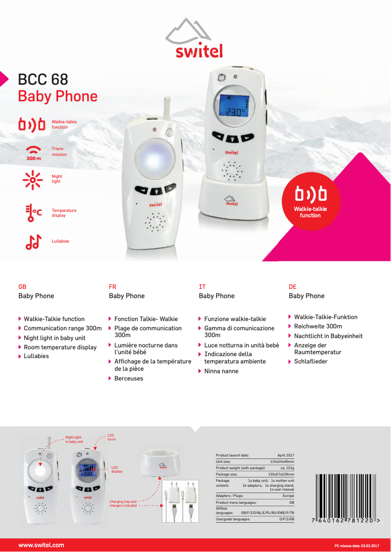 Page 1 de la notice Fiche technique Switel BCC 68