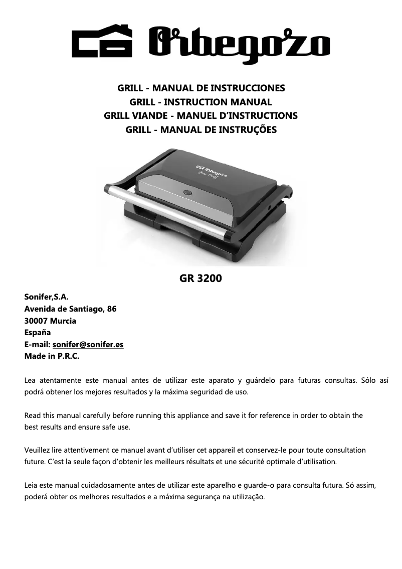 Page 1 de la notice Manuel utilisateur Orbegozo GR 3200