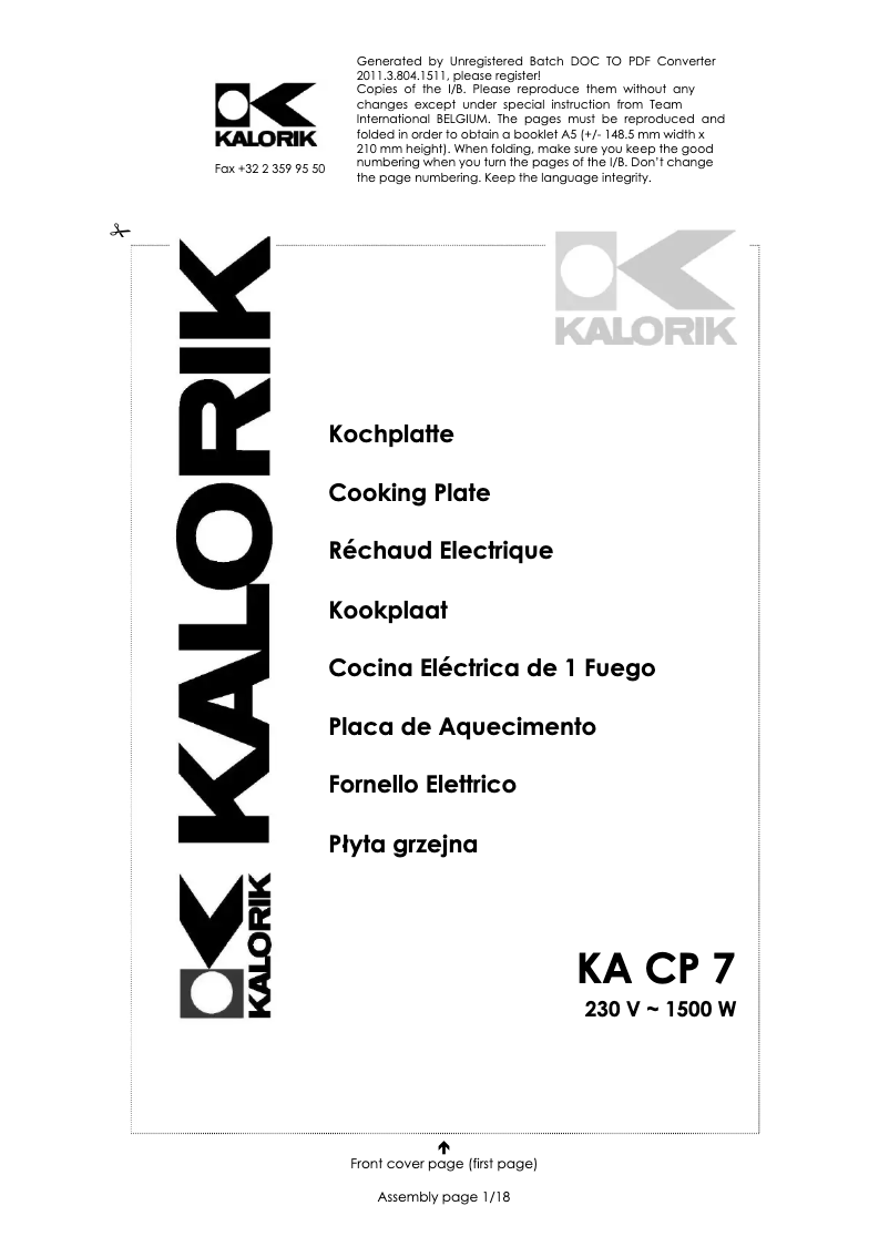 Page n°1 - Manuel utilisateur Kalorik KA CP 7