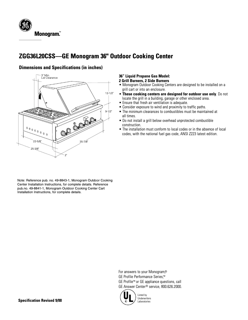 Page 1 of the manual Technical Sheet GE ZGG36L20CSS