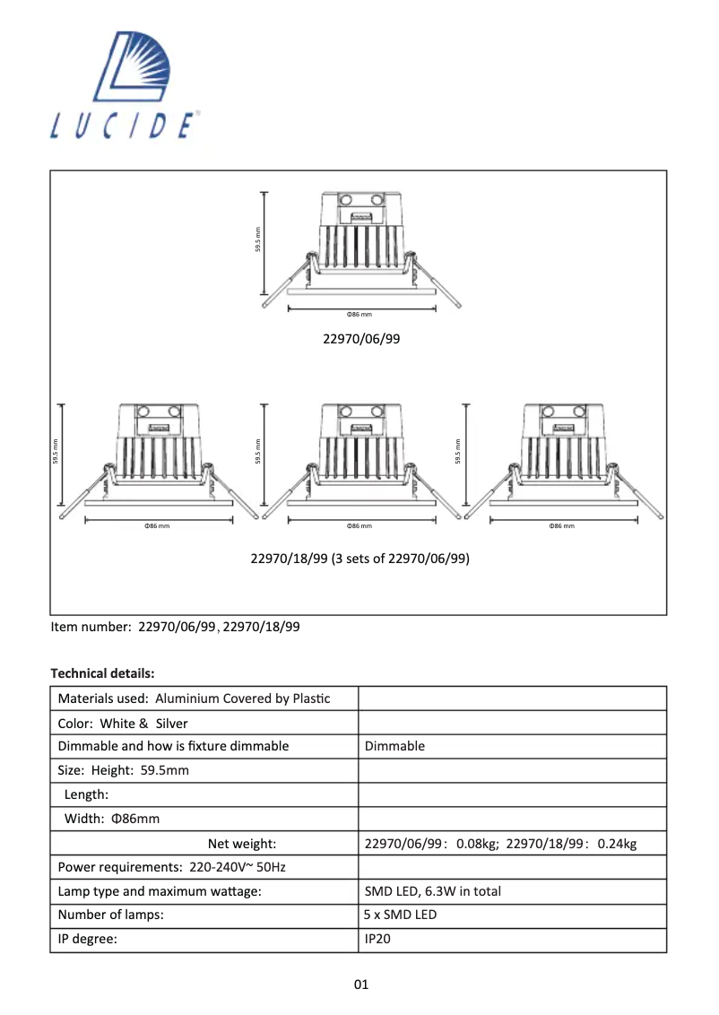 Page 1 de la notice Manuel utilisateur Lucide Inky 22970/06/99