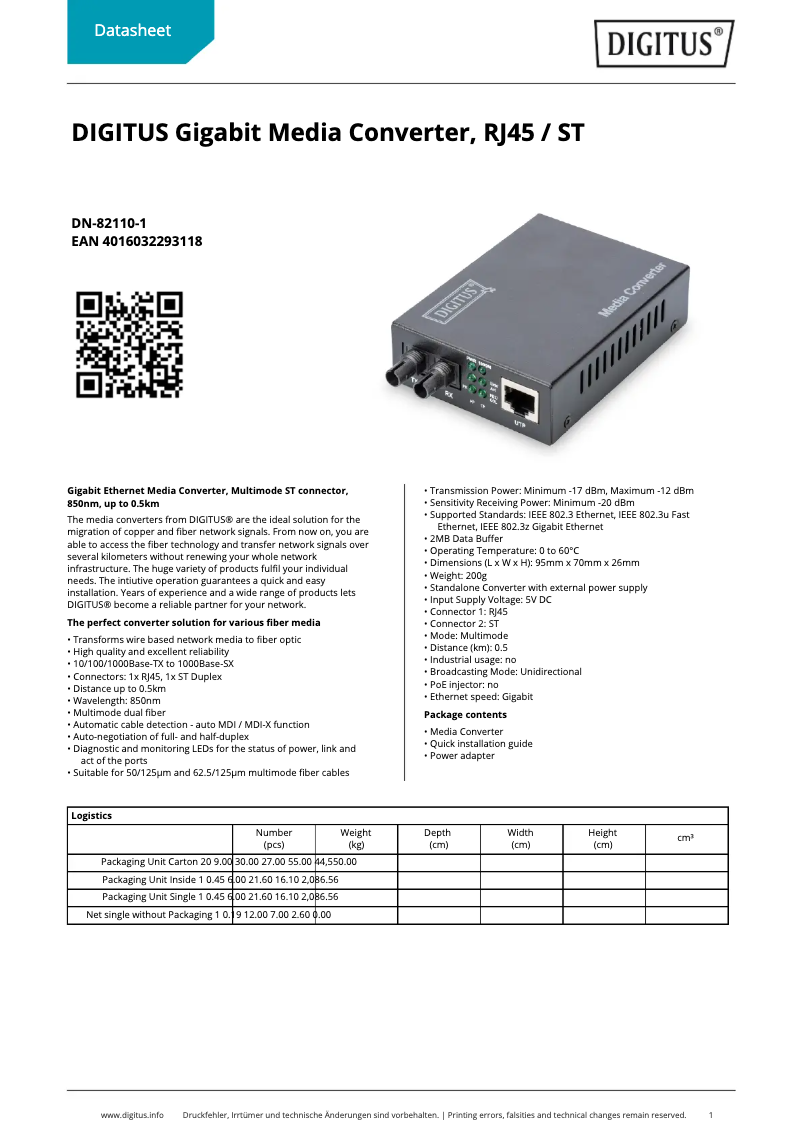 Page n°1 - Fiche technique Digitus DN-82110-1