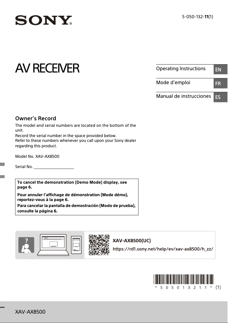 Page 1 de la notice Manuel utilisateur Sony XAV-AX8500