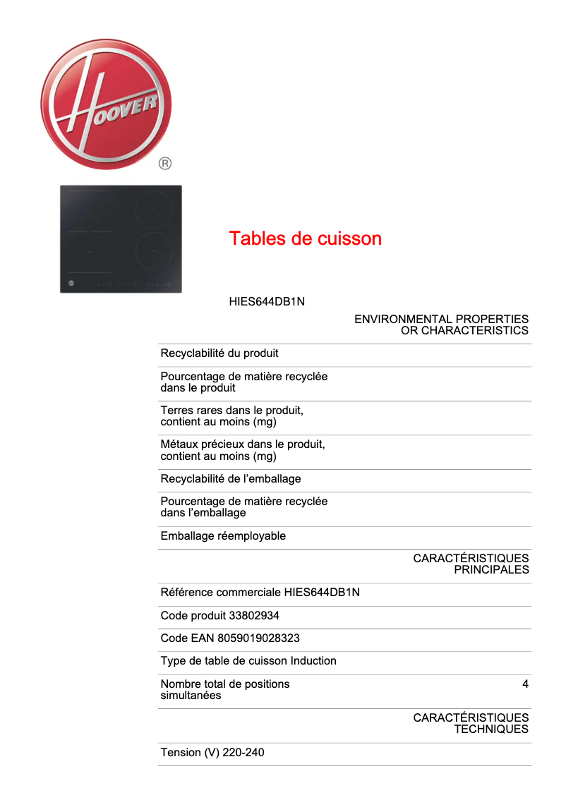 Página 1 del manual Ficha técnica Hoover H-HOB 700 INDUCTION HIES644DB1N