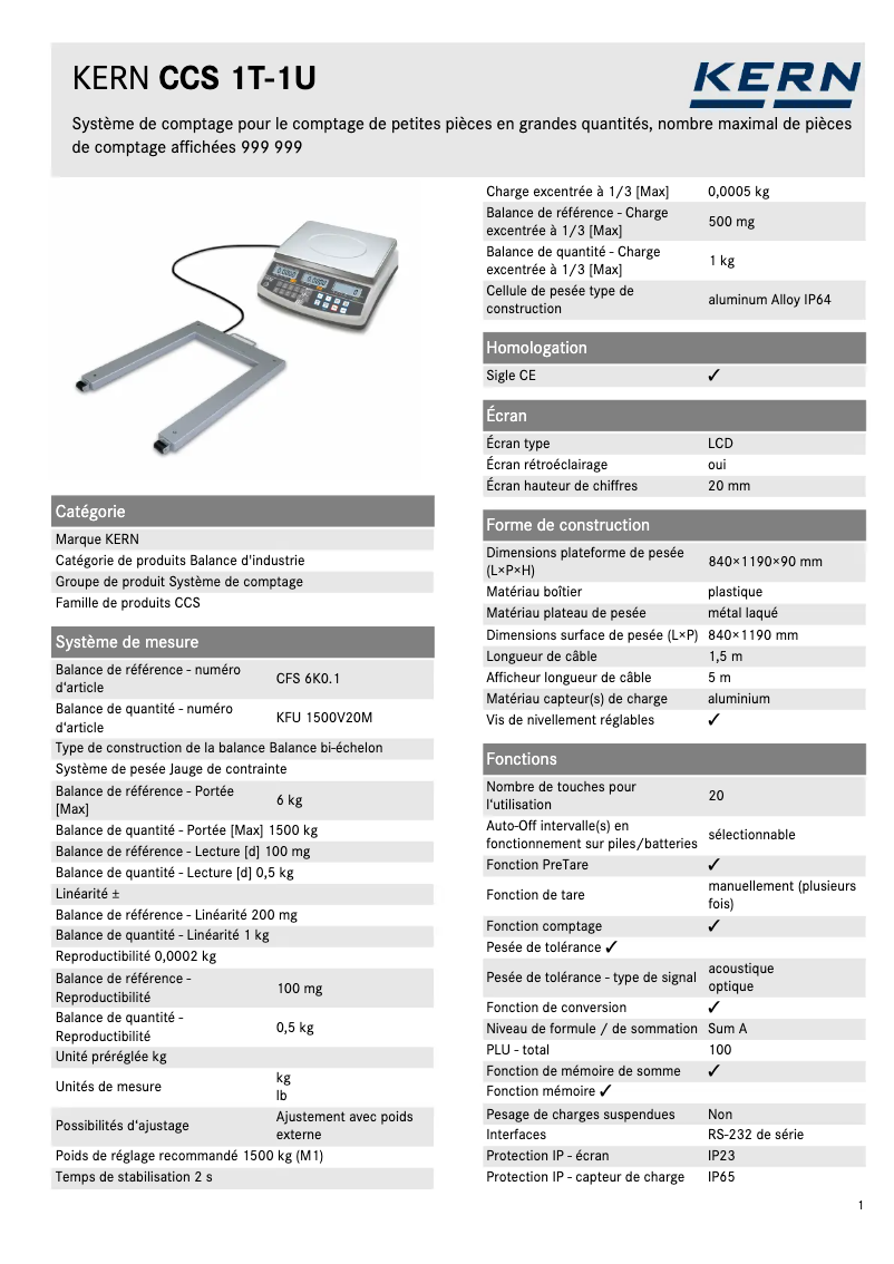 Page 1 de la notice Fiche technique Kern CCS 1T-1U