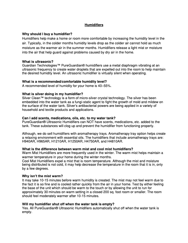 Page n°1 - FAQ PureGuardian H1510