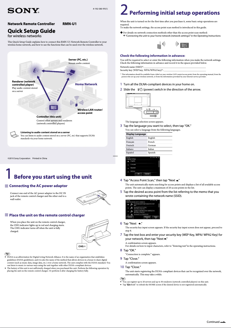 Page 1 de la notice Guide d'installation Sony RMN-U1