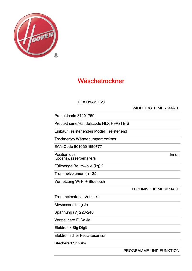Page n°1 - Fiche technique Hoover HLX H9A2TE-S