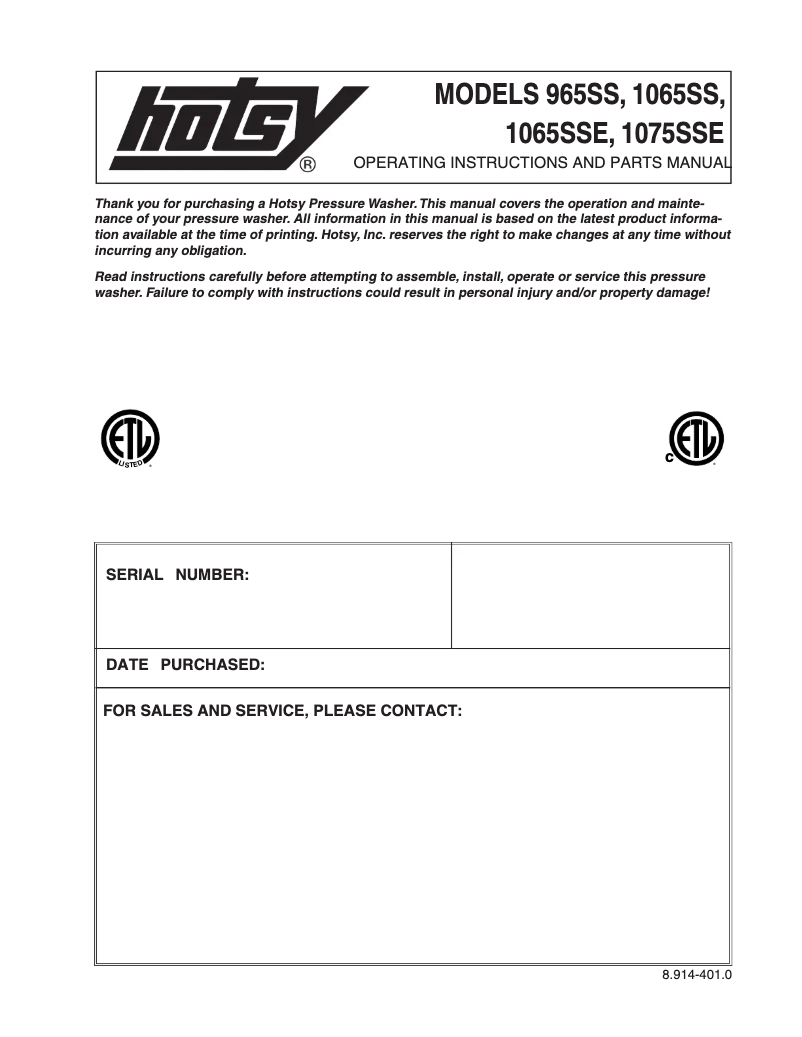 Page 1 de la notice Manuel utilisateur Hotsy 1065SS