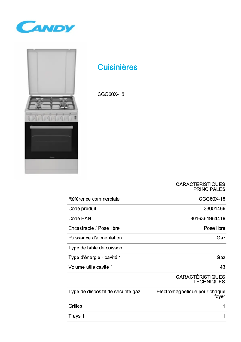 Page 1 de la notice Fiche technique Candy CGG60X-15