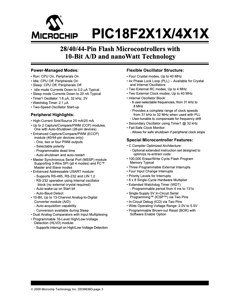 Page 1 de la notice Fiche technique Microchip PIC18F4515