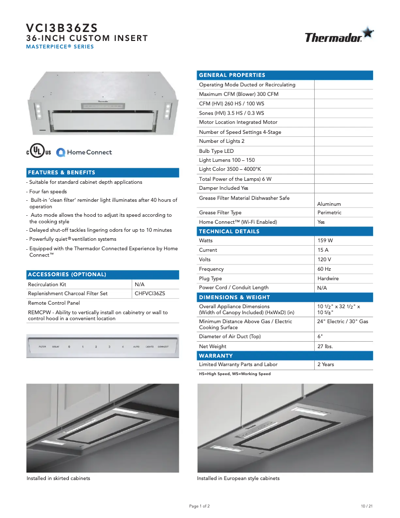 Page 1 de la notice Fiche technique Thermador VCI3B36ZS