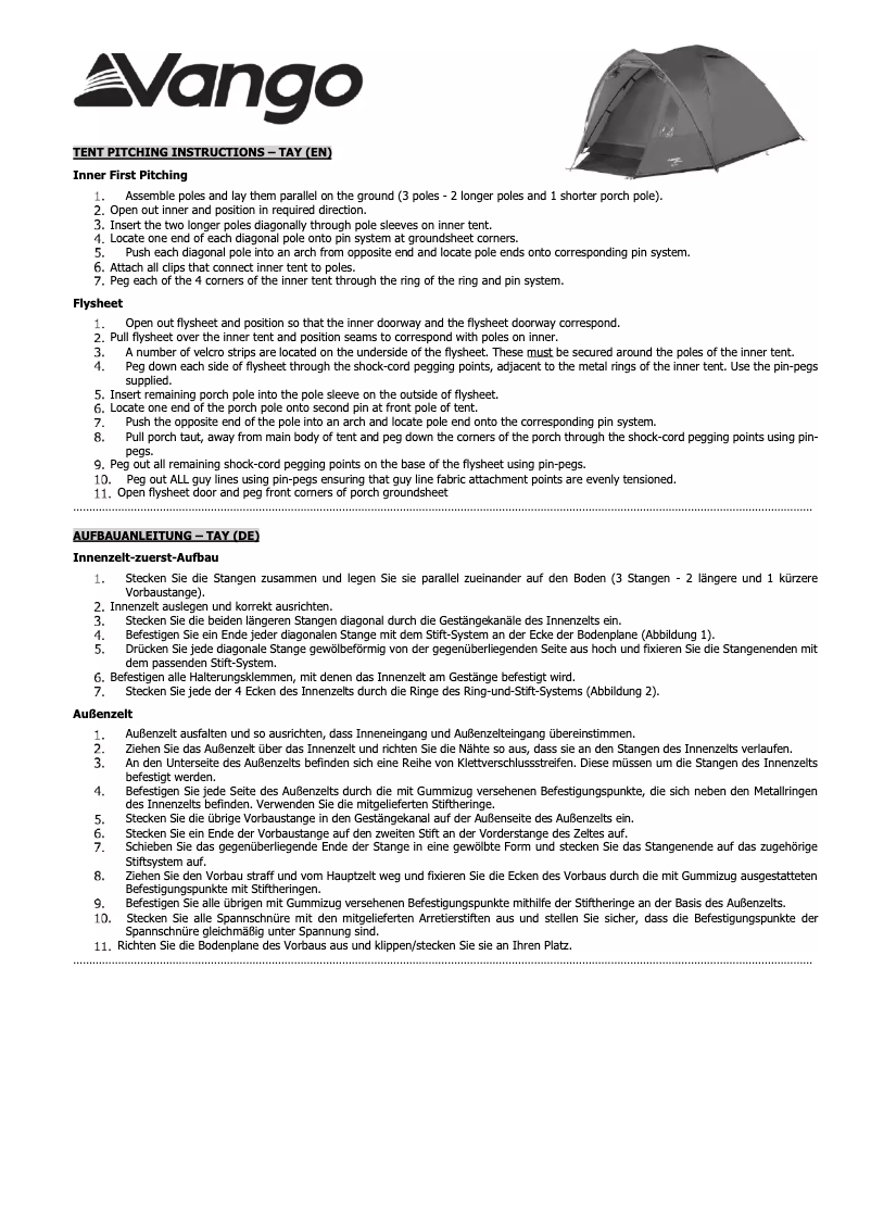 Page 1 de la notice Manuel utilisateur Vango Tay 200