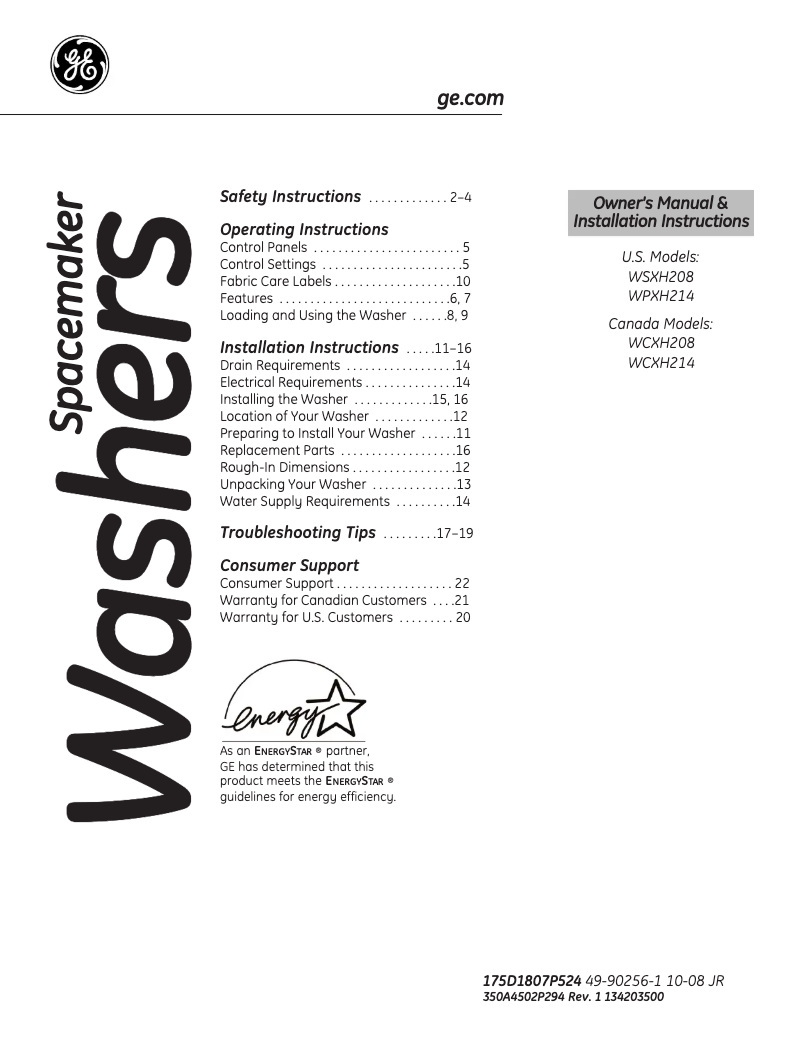 Page n°1 - Manuel utilisateur GE WSXH208HWW