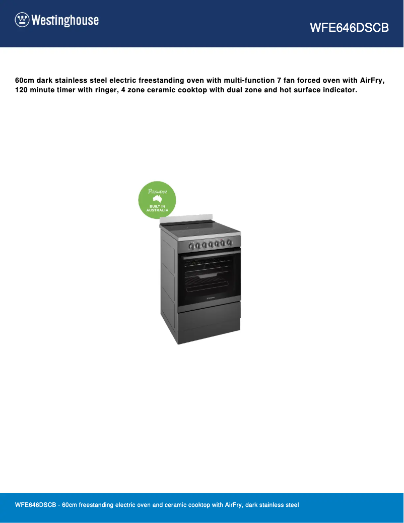 Page 1 de la notice Fiche technique Westinghouse WFE646DSCB