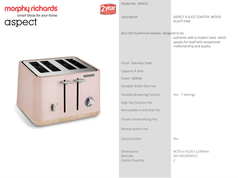 Page 1 de la notice Fiche technique Morphy Richards Aspect 240012