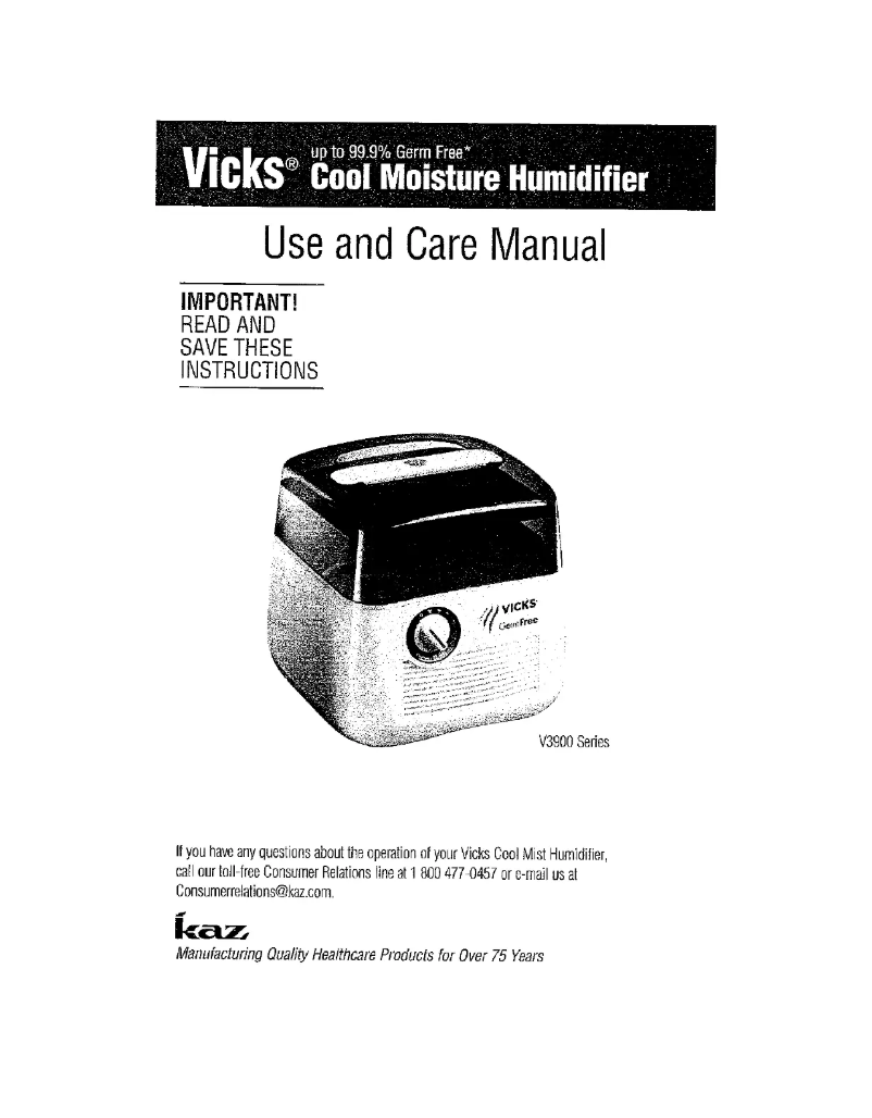Page 1 de la notice Manuel utilisateur Vicks Germ Free Cool Mist V3900