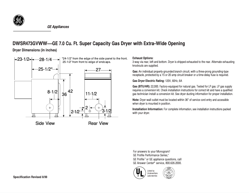 Page n°1 - Fiche technique GE DWSR473GVWW