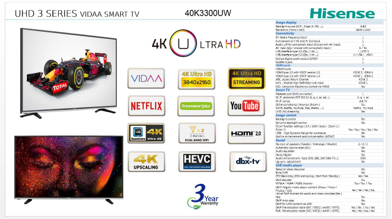 Page 1 de la notice Fiche technique Hisense 40K3300UW