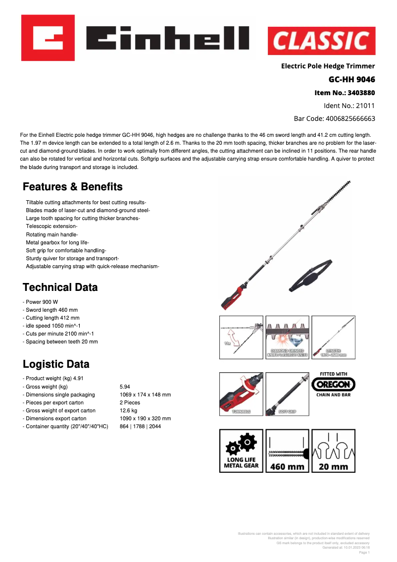 Page 1 de la notice Fiche technique Einhell GC-HH 9046