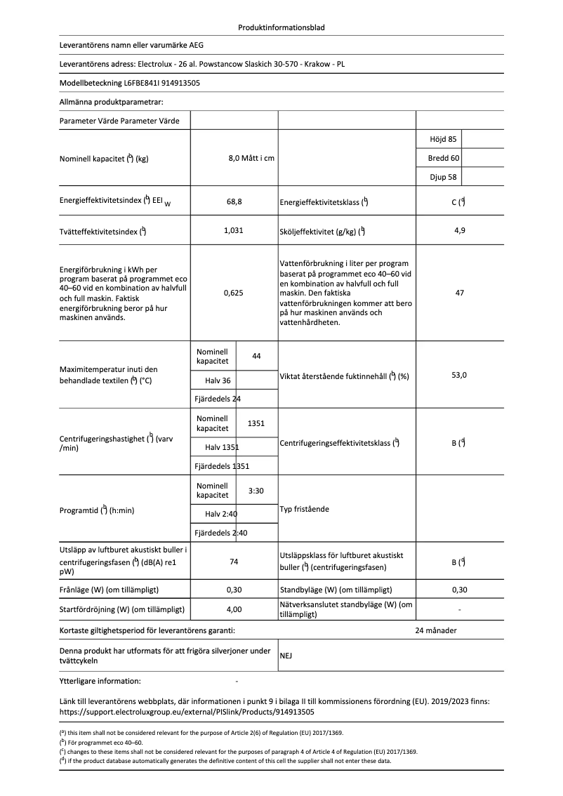 Page 1 de la notice Fiche technique AEG L6FBE841I