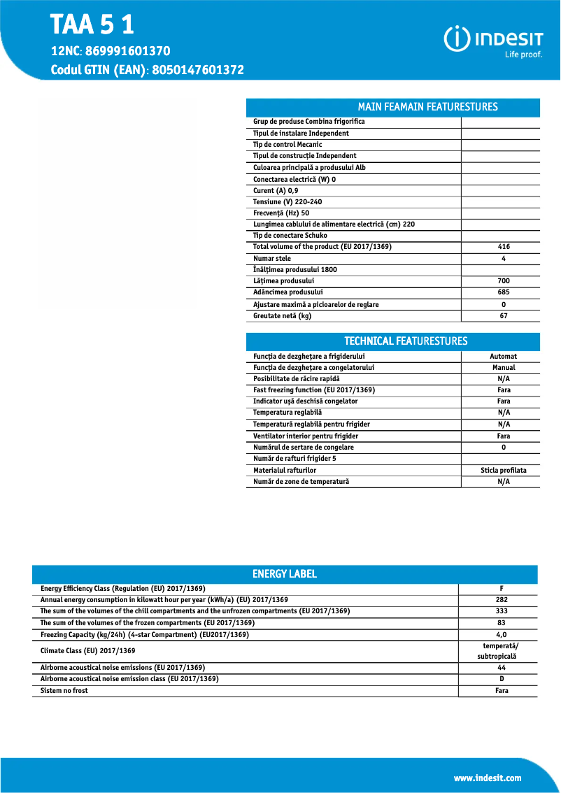 Page 1 de la notice Fiche technique Indesit TAA 5 1