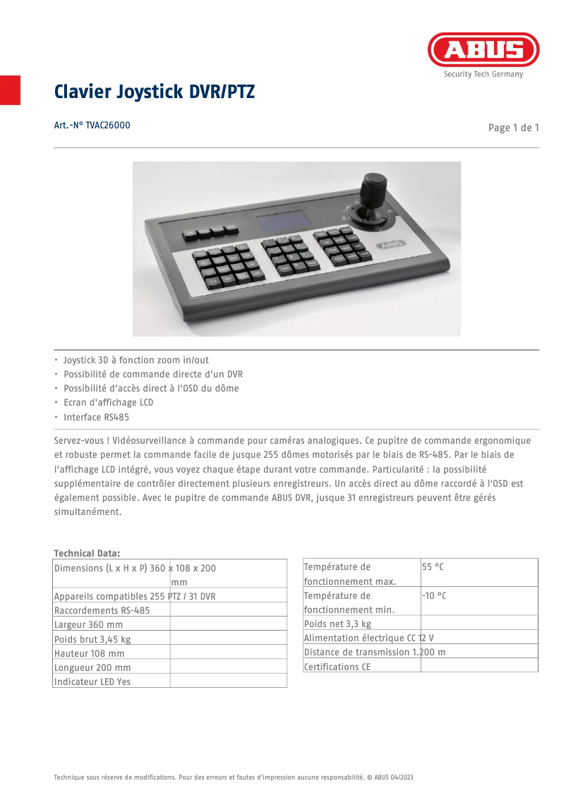 Page n°1 - Fiche technique Abus TVAC26000