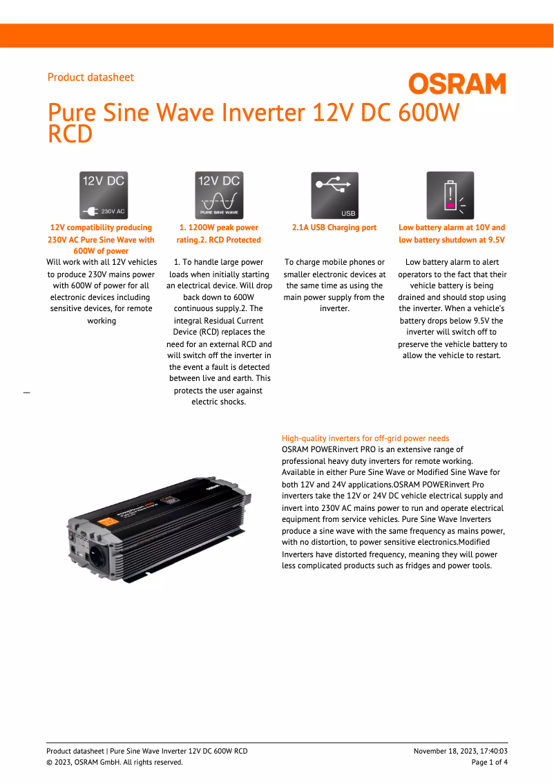 Page 1 de la notice Fiche technique Osram Pure Sine Wave 12V DC 600W RCD