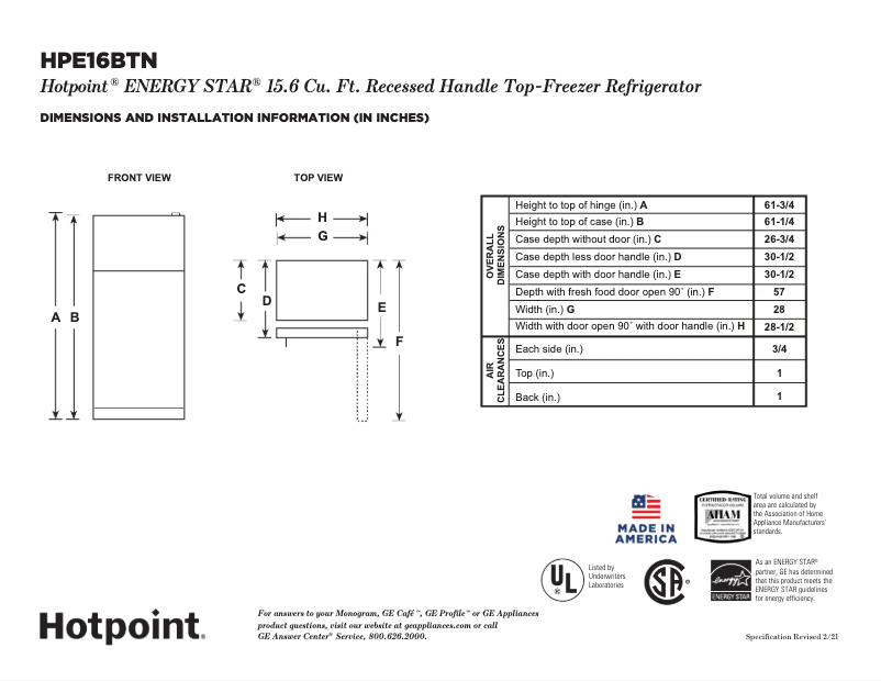 Page n°1 - Fiche technique Hotpoint HPE16BTNRWW