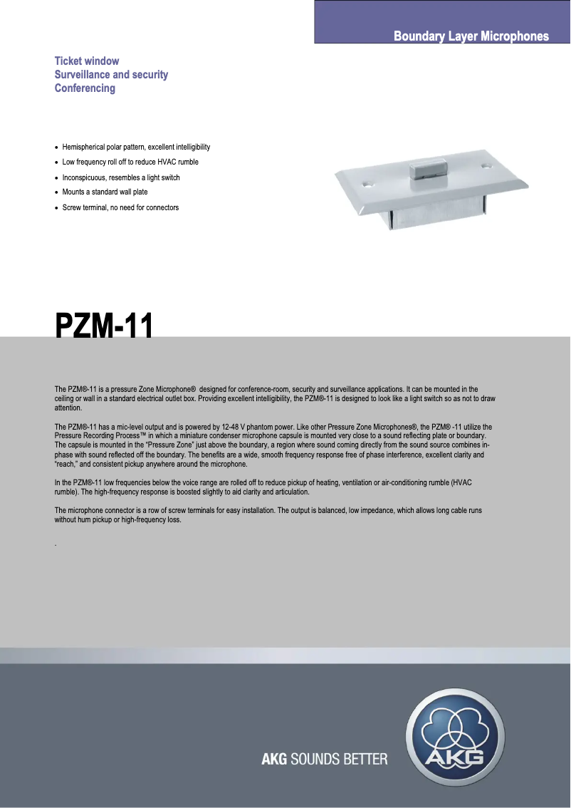 Page n°1 - Fiche technique AKG PZM-11
