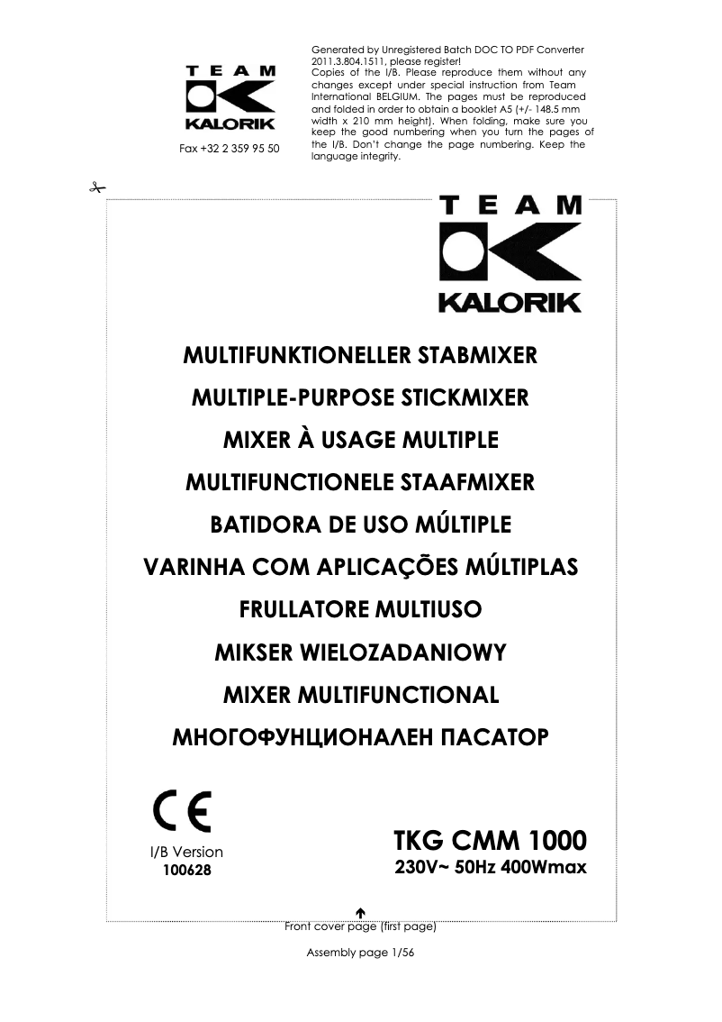 Page 1 de la notice Manuel utilisateur Kalorik TKG CMM 1000