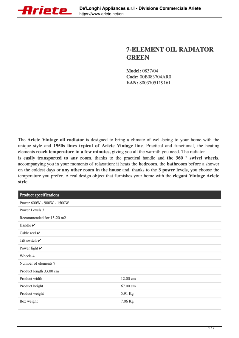 Page 1 de la notice Fiche technique Ariete 0837