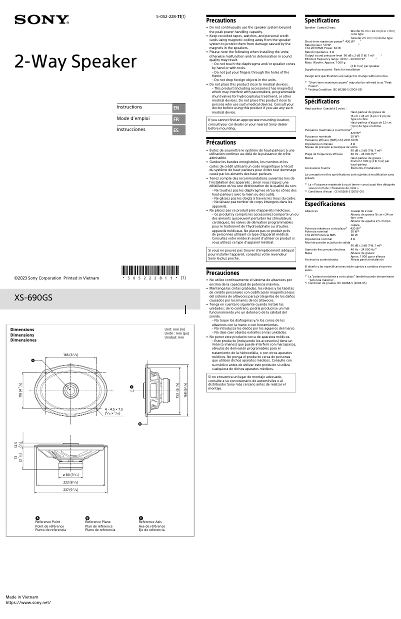 Page 1 de la notice Manuel utilisateur Sony XS-690GS